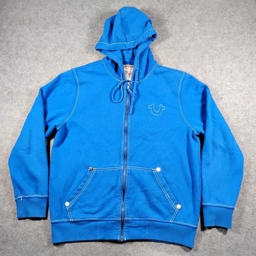 True Religion Big T Zip Up Hoodie Blue Contrast Stitch Buddha Graphic Large